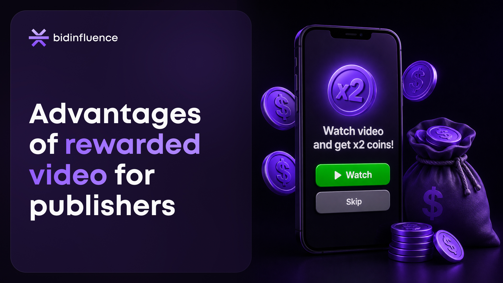Illustration of a rewarded video ad on a mobile app offering users extra coins for watching a video, representing mobile app monetization and rewarded video advertising.