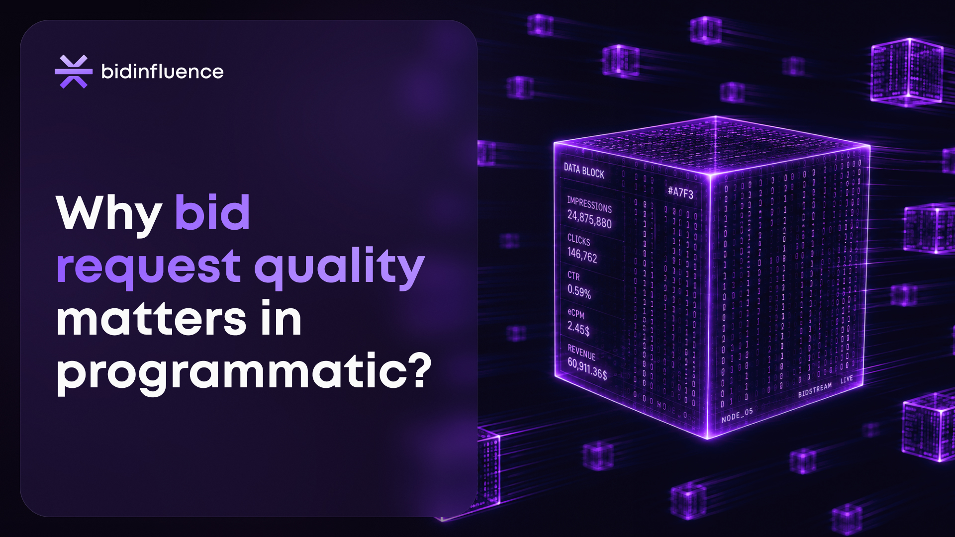 Dark purple digital graphics featuring the text 'Why bid request quality matters in programmatic?' next to a glowing 3D data cube displaying programmatic metrics.